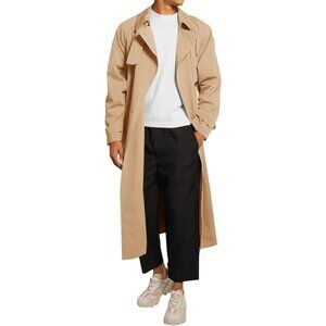 Mens Khaki  Double Breasted Belted Windbreaker Jackets Lapel Trench Coat